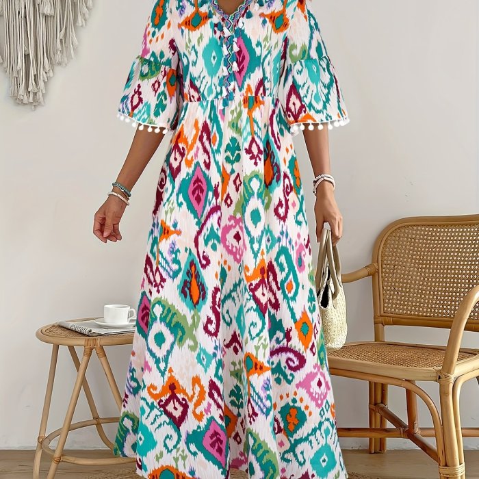 Ikat Print Tassel Dress, Vacation V Neck High Waist Maxi Dress, Women's Clothing