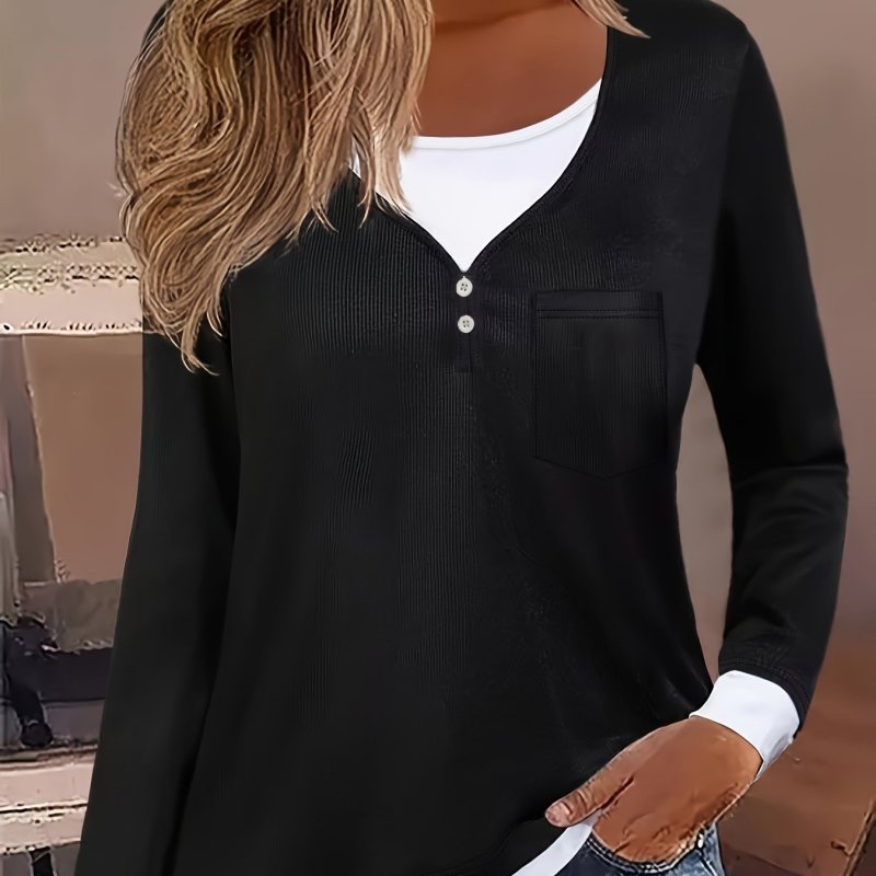 Color Block 2 In 1 Blouse, Casual Long Sleeve Blouse For Spring, Women's Clothing