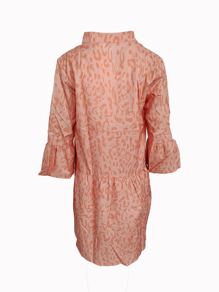 Leopard Print Ruffle Hem Dress, Casual V Neck Long Sleeve Dress, Women's Clothing