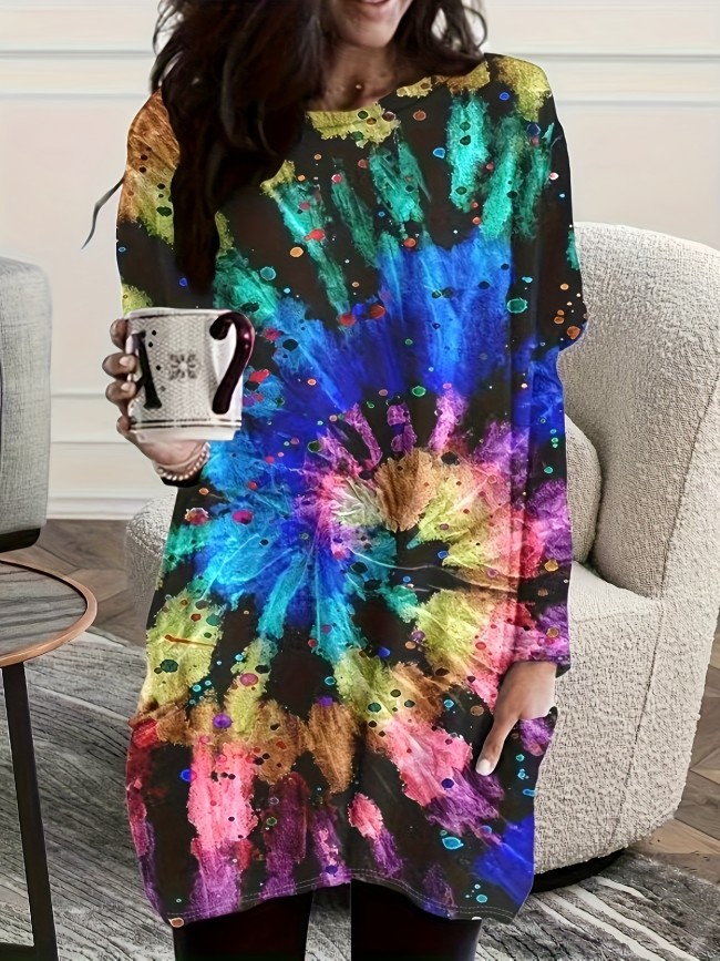 Tie Dye Long Sleeve Dress, Casual Crew Neck Dress, Women's Clothing