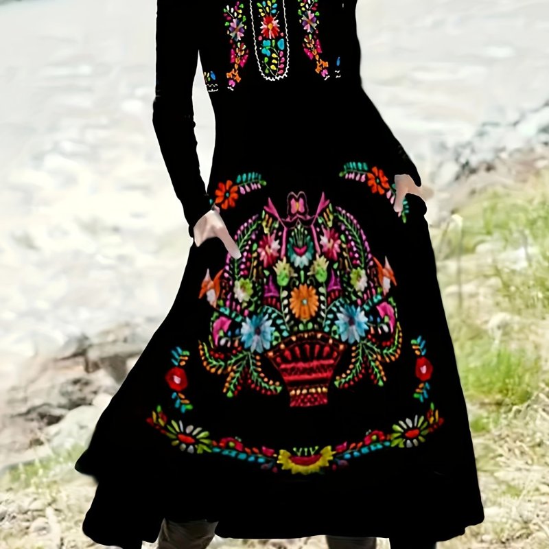 Ethnic Pattern Dress, Casual Crew Neck Long Sleeve Dress, Women's Clothing