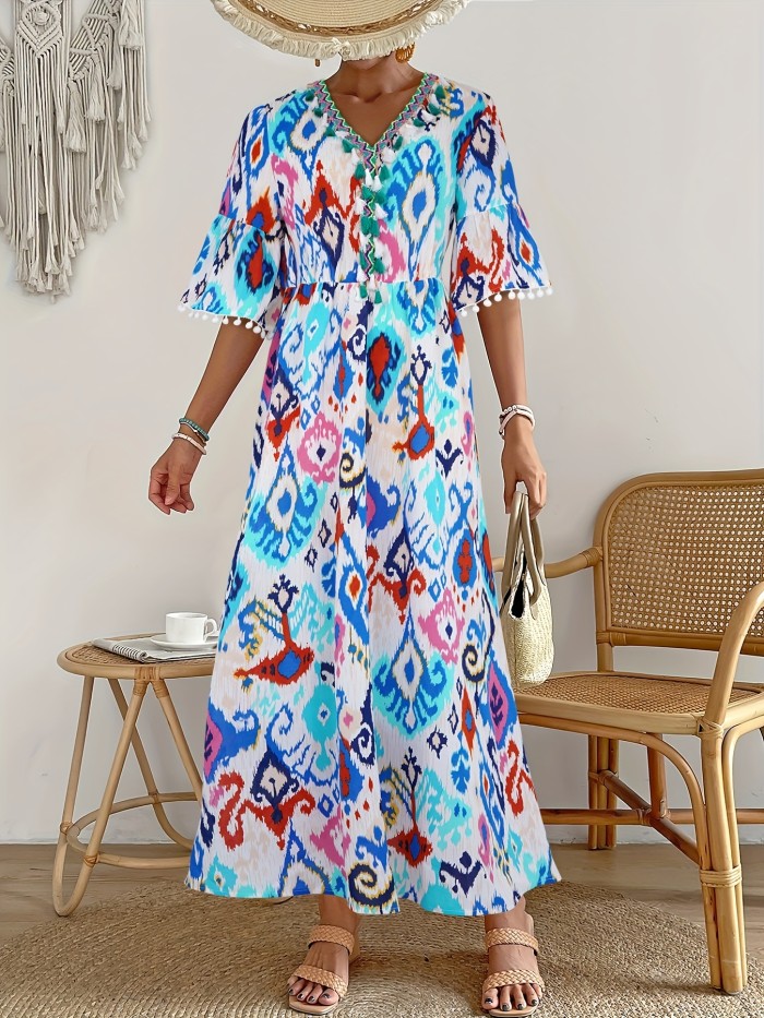 Ikat Print Tassel Dress, Vacation V Neck High Waist Maxi Dress, Women's Clothing