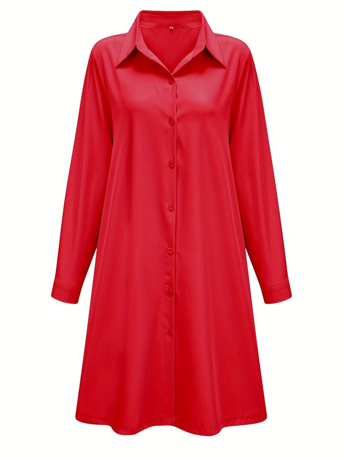 Plus Size Casual Dress, Women's Plus Solid Button Up Long Sleeve Turn Down Collar Shirt Dress