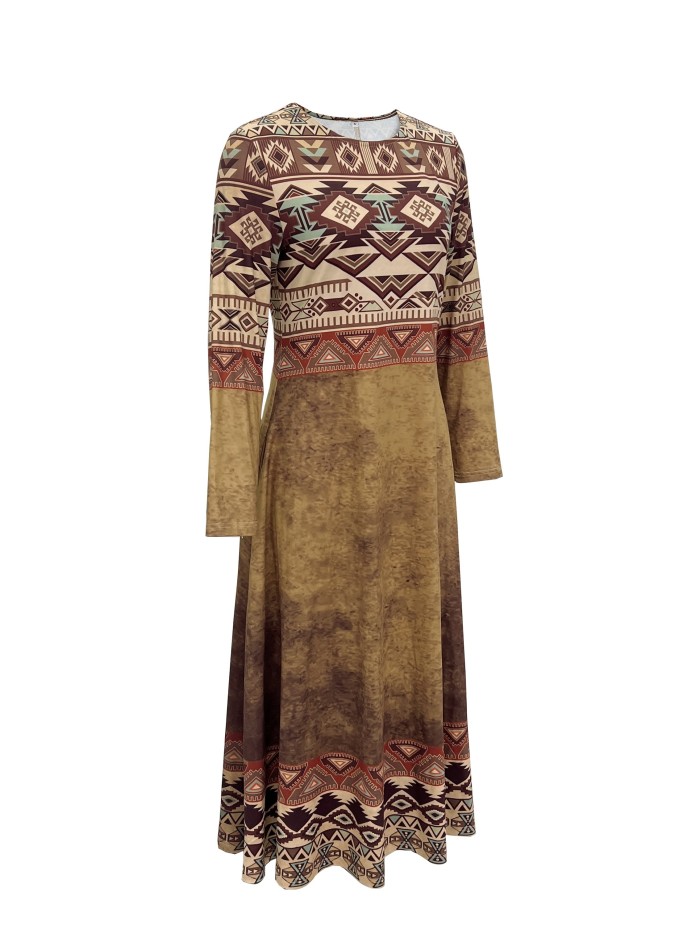 Aztec Print Midi Dress, Vintage Crew Neck Long Sleeve Dress, Women's Clothing