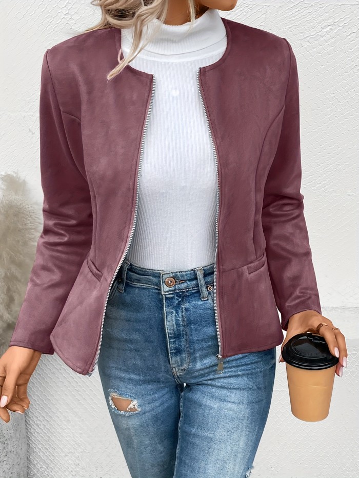 Solid Zip Up Jacket, Casual Long Sleeve Crew Neck Outerwear For Spring & Fall, Women's Clothing