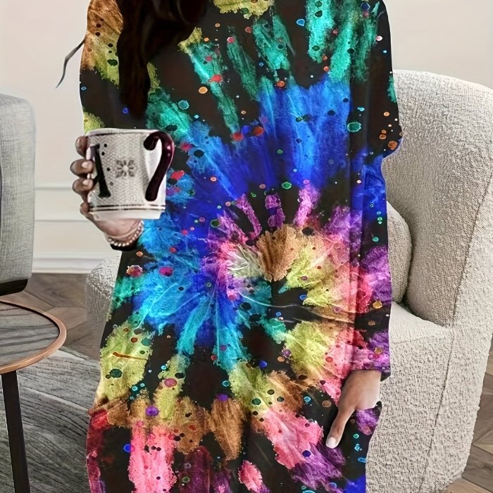 Tie Dye Long Sleeve Dress, Casual Crew Neck Dress, Women's Clothing