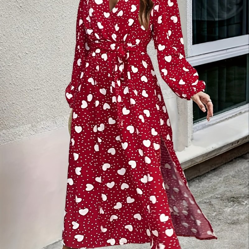 Heart Print Split Dress, Elegant V Neck Long Sleeve Midi Dress, Women's Clothing