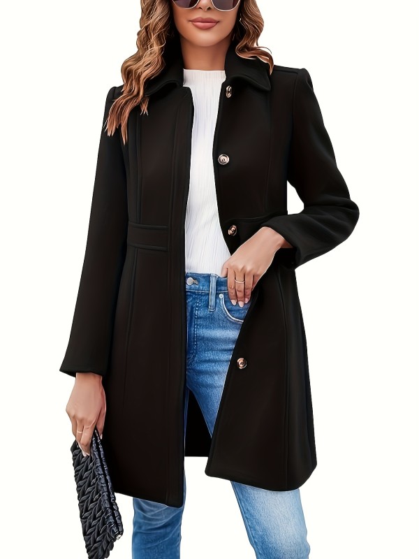 Single Breasted Solid Coat, Elegant Long Sleeve Collared Outerwear, Women's Clothing