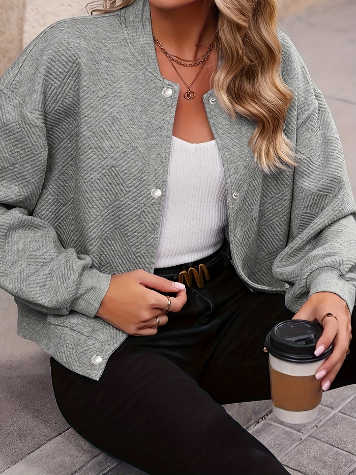 Solid Textured Single Button Bomber Jacket, Versatile Long Sleeve Outwear For Fall & Winter, Women's Clothing