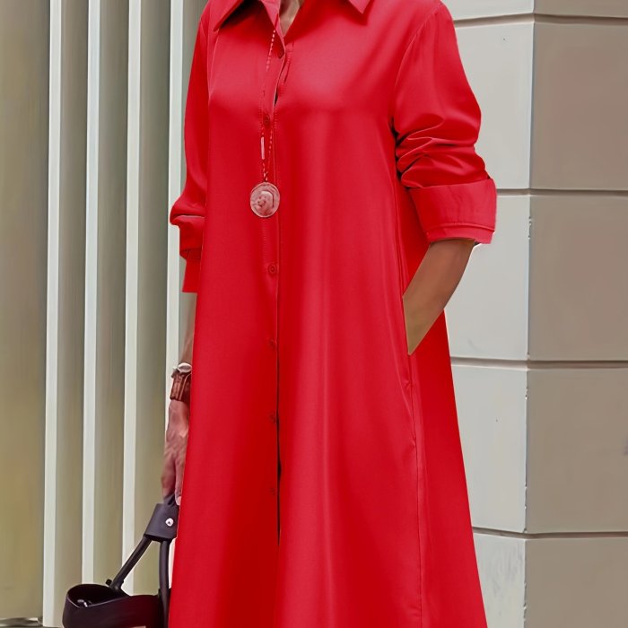 Plus Size Casual Dress, Women's Plus Solid Button Up Long Sleeve Turn Down Collar Shirt Dress