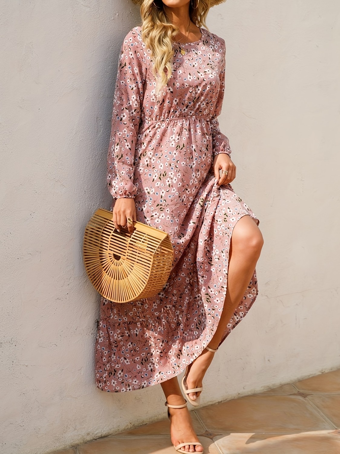 Floral Print Crew Neck Dress, Casual Long Sleeve Dress For Spring ...