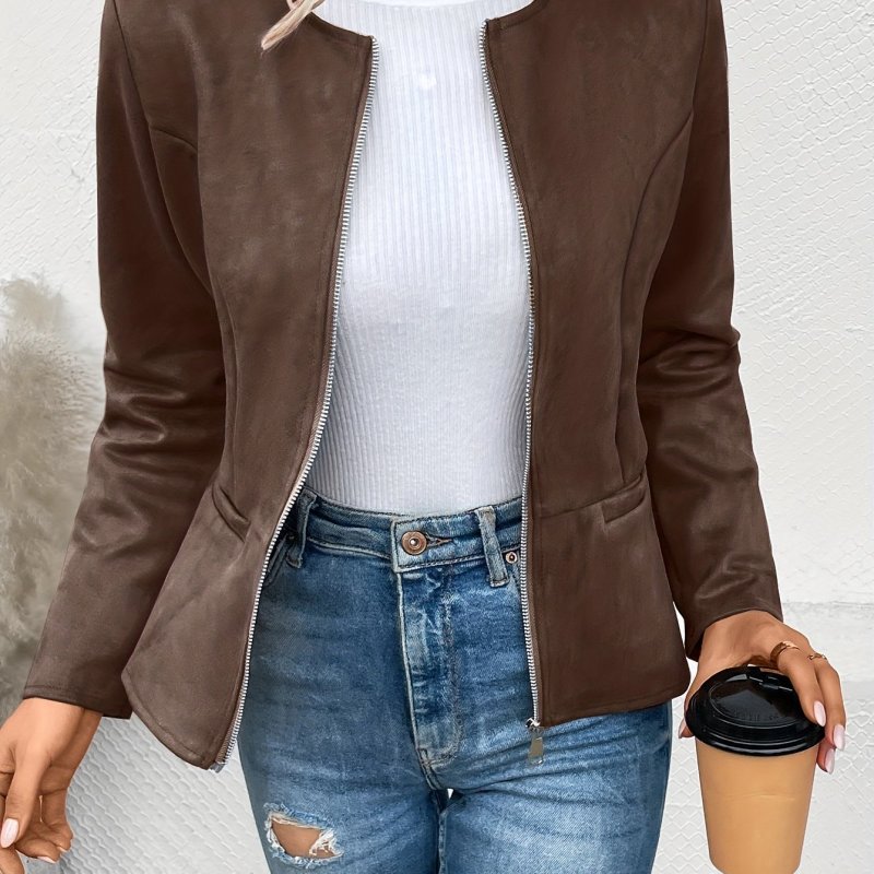 Solid Zip Up Jacket, Casual Long Sleeve Crew Neck Outerwear For Spring & Fall, Women's Clothing