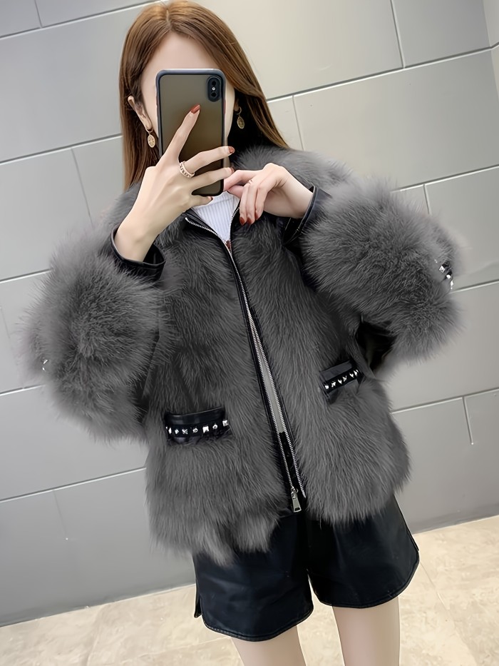 Fluffy Solid Zip Up Coat, Casual Long Sleeve Outerwear For Spring & Fall, Women's Clothing