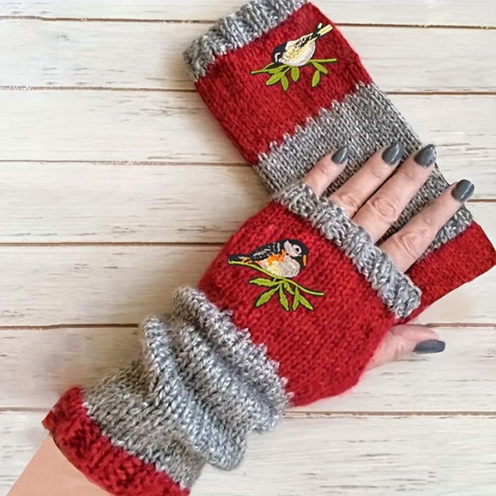 Color Block Half Finger Gloves Bird Embroidery Warmer Knit Gloves Vintage Thick Stretchy Fingerless Gloves