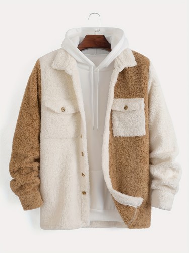 Fashionable Men's Contrast Color Reversible Fleece Double Patch Pocket Casual Jacket .Suitable For Autumn And Winter
