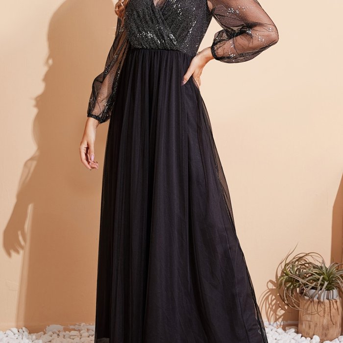 Contrast Mesh Solid Maxi Dress, Elegant V Neck Long Sleeve Dress, Women's Clothing