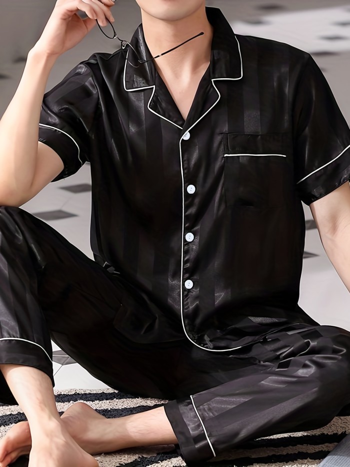 Men's Cool Short-sleeved Pajamas Set For Summer, Button Down Pocket Shirt Top & Long Pants, Thin Simple Casual Stripes Loungewear Set For Summer, Home Wear Men's Two-piece Outfits