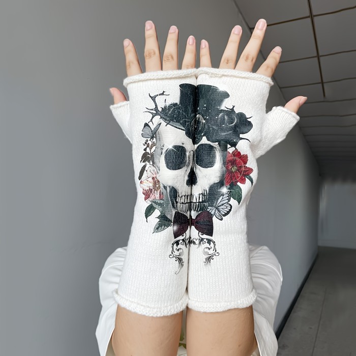 Top Hat Skull Head Knit Gloves White Stretch Medium Half Finger Gloves Personality Women's Halloween Gift