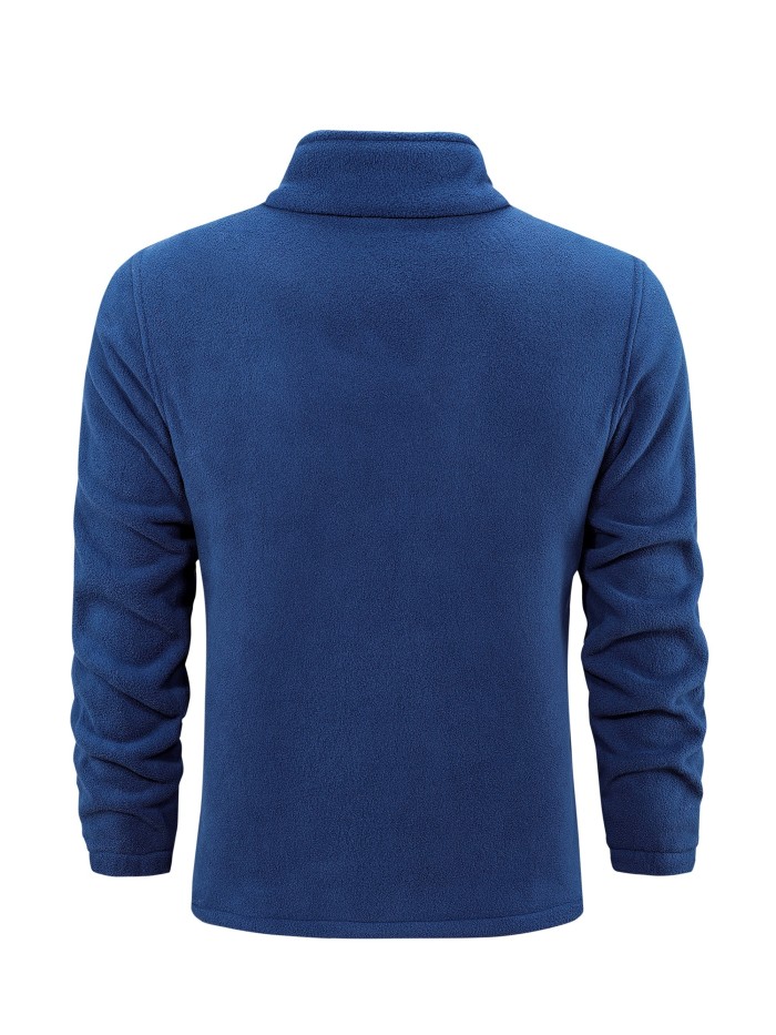 Warm Stand Collar Fleece Jacket, Men's Casual Comfortable Solid Color Zip Up Jacket Coat For Fall Winter