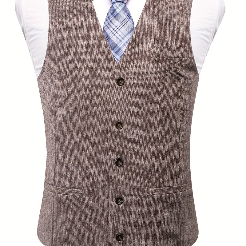 V Neck Herringbone Smart Suit Vest, Men's Casual Retro Style Solid Color Single Breasted Waistcoat For Spring Fall Dinner Suit Match