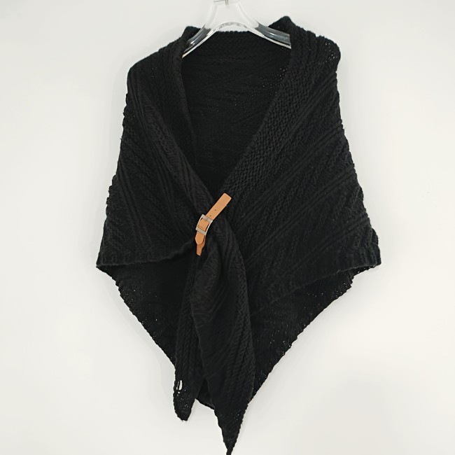 Triangle Knitted Shawl With Leather Loop For Women Luxurious Imitation Cashmere Plaid Wrap main image 0