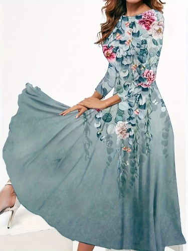 Vintage Floral Print Dress, Elegant Crew Neck Long Sleeve Dress, Women's Clothing