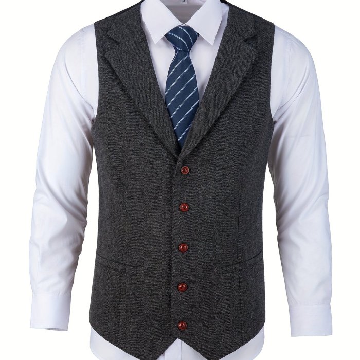 Herringbone Pattern Elegant Dress Waistcoat, Men's Retro Single Breasted Smart Suit Vest For Dinner Wedding Banquet