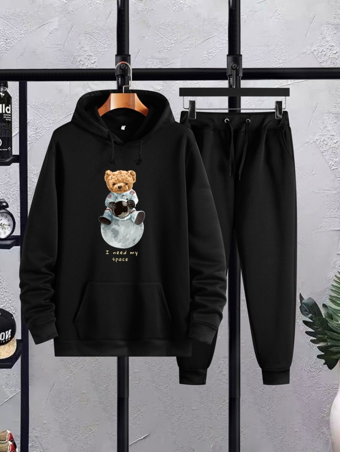 Casual Two-Piece Set, Men's Astronaut Pattern Hooded Sweatshirt & Drawstring Joggers Matching Set