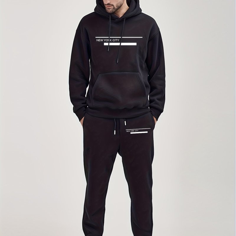 Letter Print Men's Versatile And Trendy Men's Long Sleeve Street Casual Sports And Fashionable Hoodies With Kangaroo Pocket Sweatshirt And Sweatpants Two Piece Set,Suitable For Outdoor Sports,For Autumn And Winter