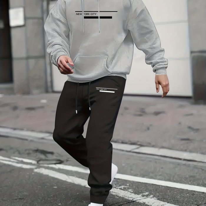 Letter Print Men's Versatile And Trendy Men's Long Sleeve Street Casual Sports And Fashionable Hoodies With Kangaroo Pocket Sweatshirt And Sweatpants Two Piece Set,Suitable For Outdoor Sports,For Autumn And Winter