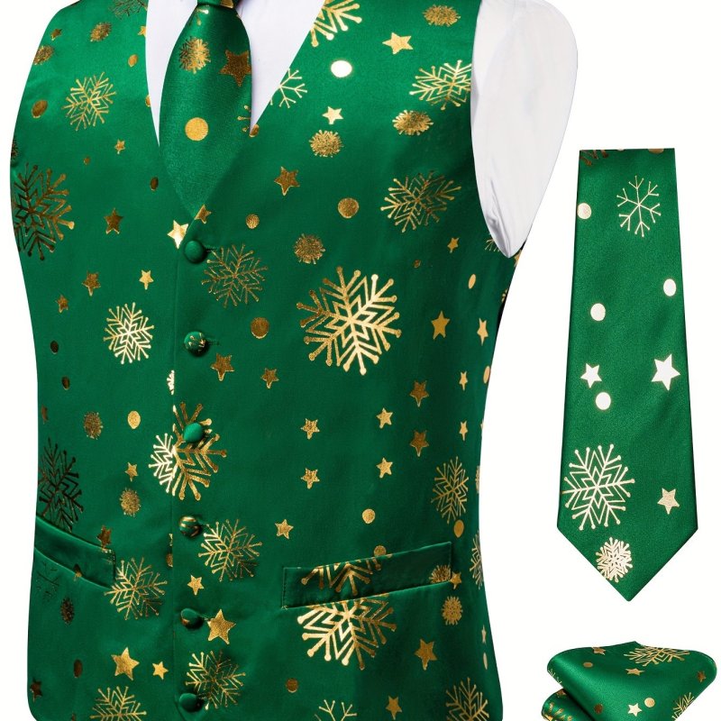 Snowflake Print Dress Waistcoat, Men's Retro Single Breasted V Neck Smart Suit Vest For Dinner Wedding Banquet