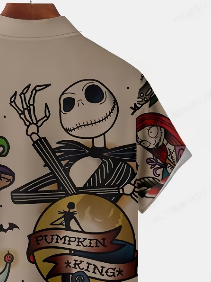 Halloween Elements Cartoon Pattern Men's Summer Short Sleeve Lapel Shirt, Special Gift