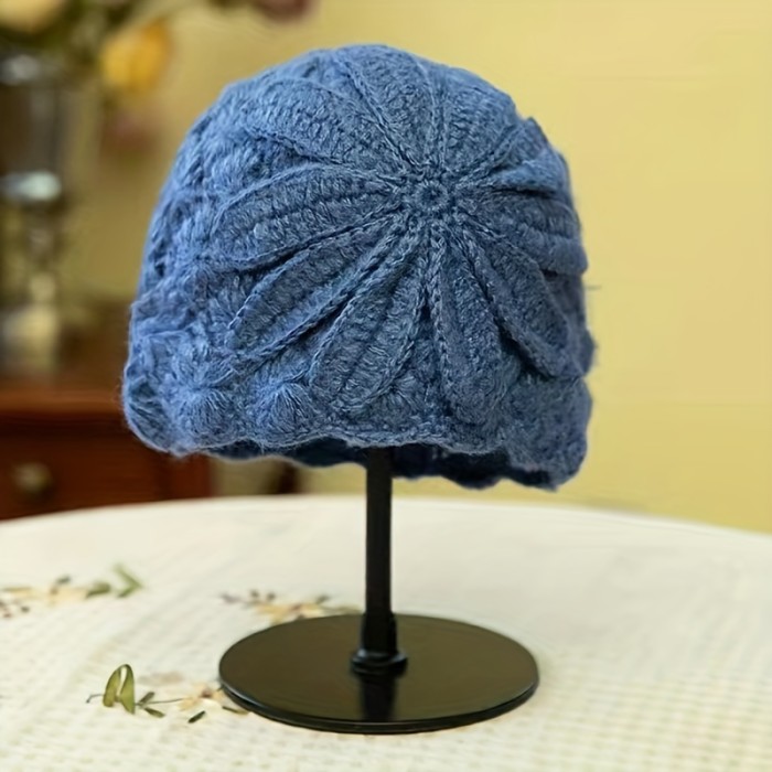 Elegant Flower Crochet Beanie Classic Solid Color Knit Hats Hollow Out Lightweight Skull Cap Warm Beanies For Women