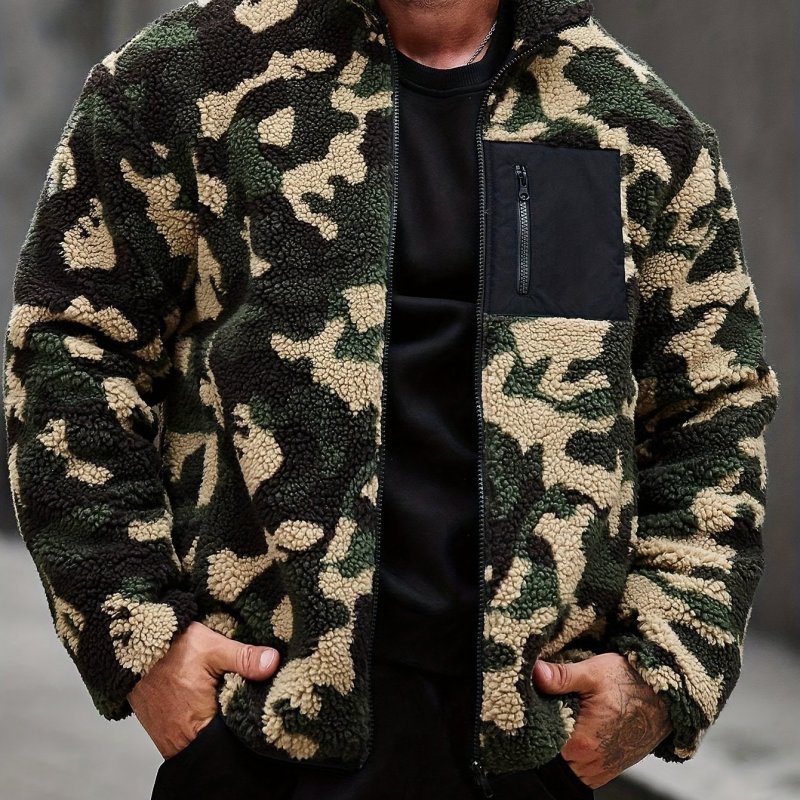 Camouflage Pattern Polar Fleece Jacket, Men's Casual Lapel Coat For Fall Winter