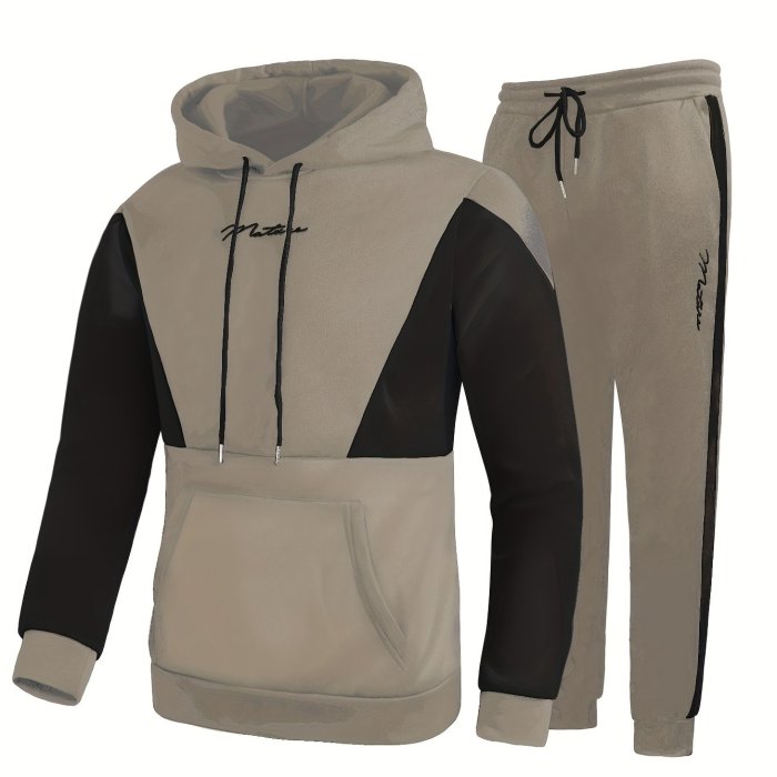 Men's Color Block Pullover Hooded Sweatshirt Casual Outfit Set, 2 Pieces Long Sleeve Hoodies And Drawstring Sweatpants