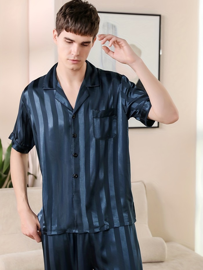 Men's Cool Short-sleeved Pajamas Set For Summer, Button Down Pocket Shirt Top & Long Pants, Thin Simple Casual Stripes Loungewear Set For Summer, Home Wear Men's Two-piece Outfits