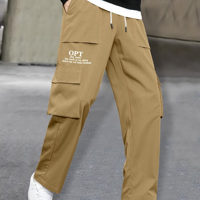Men's Relaxed Fit Drawstring Cargo Pants With Pockets, Loose Trendy Overalls