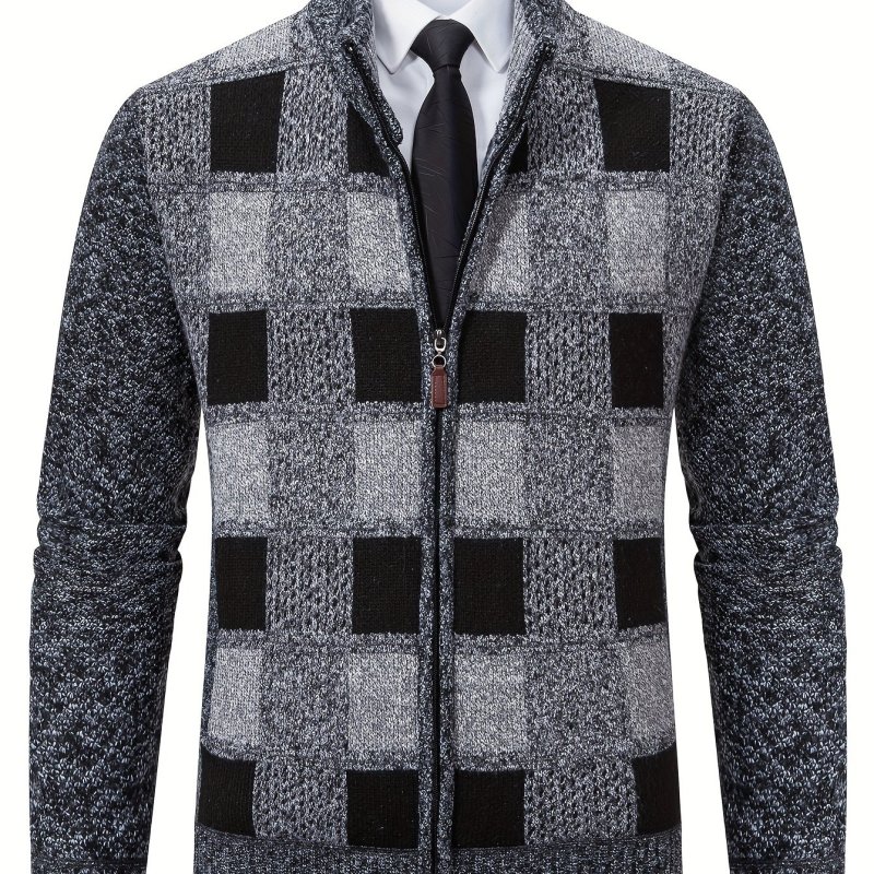 Men's Retro Plaid Knitted Cardigan Sweater Jacket, Casual Stand Collar Jacket For Fall Winter