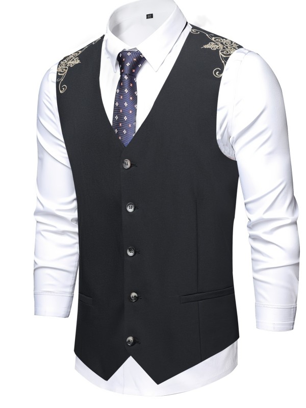 Elegant Embroidery Smart Suit Vest, Men's Casual Retro Style Single Breasted Waistcoat For Business Dinner Suit Match
