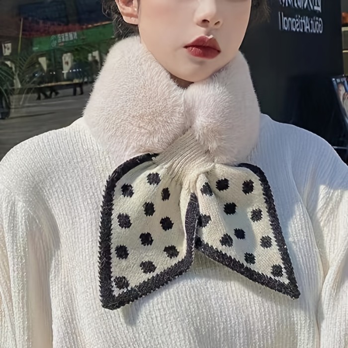 Faux Fur Knitted Shawl for Women - Soft and Warm Winter Neck Wrap Scarf with Dotted Cross Pattern
