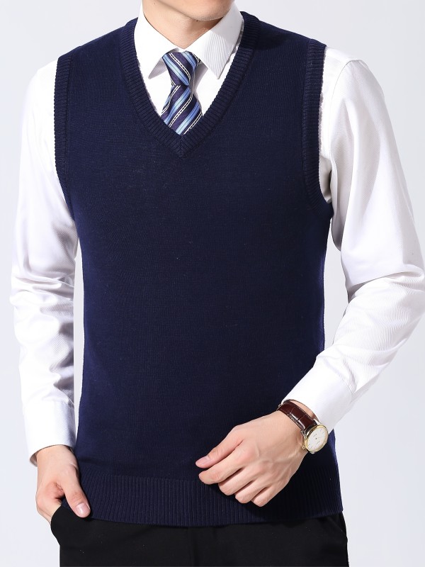 Elegant Slightly Stretch Vest, Men's Casual Vintage Style V Neck Sweater Vest For Fall Winter