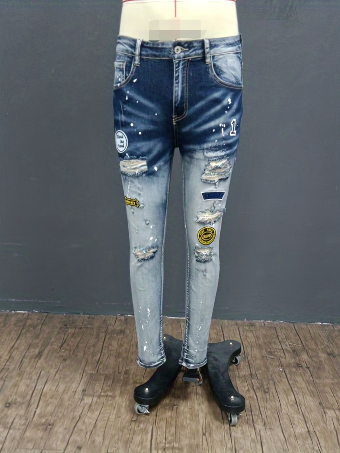 Chic Slim Fit Ripped Jeans, Men's Casual Street Style Distressed Mid Stretch Denim Pants For Spring Summer