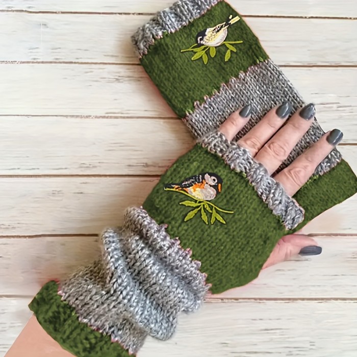 Color Block Half Finger Gloves Bird Embroidery Warmer Knit Gloves Vintage Thick Stretchy Fingerless Gloves