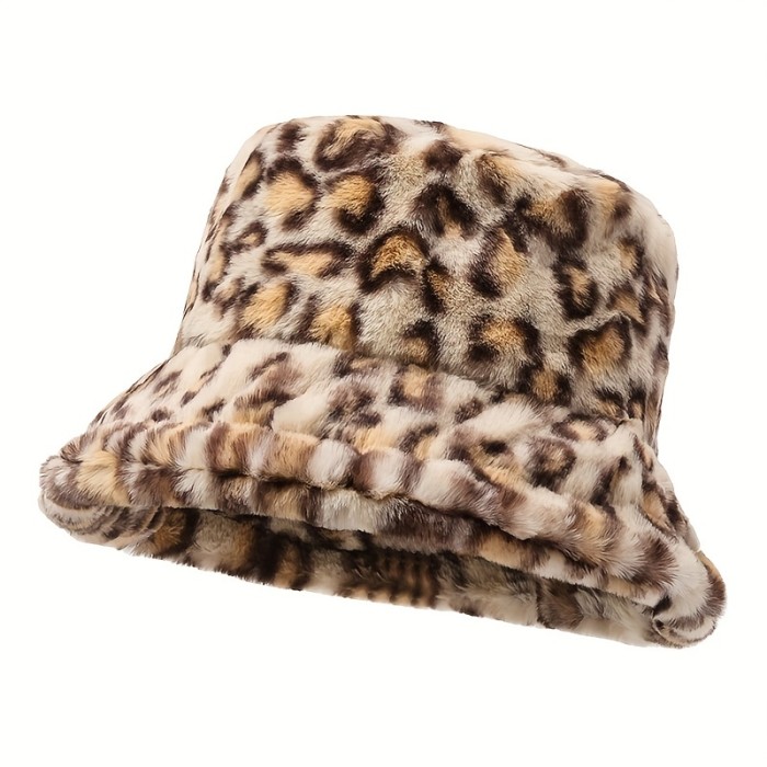 Leopard Print Winter Fuzzy Bucket Hat, Women's Casual Fisherman Hat, Windproof Plush Thermal Fashionable Fisherman Hat