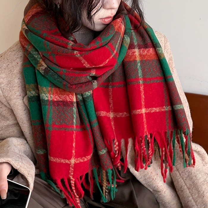 Christmas Red Plaid Large Scarf Imitation Cashmere Soft Cozy Tassel Shawl Women's Stylish Autumn Winter Coldproof Warm Neck Protective Scarf