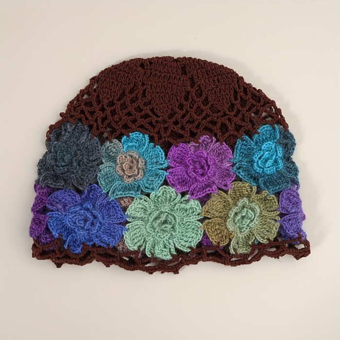 Flower Crochet Vintage Beanie Hollow Breathable Knitted Skull Hat Lightweight Beanies Elastic Knit Hats For Women (Flower Color Random)