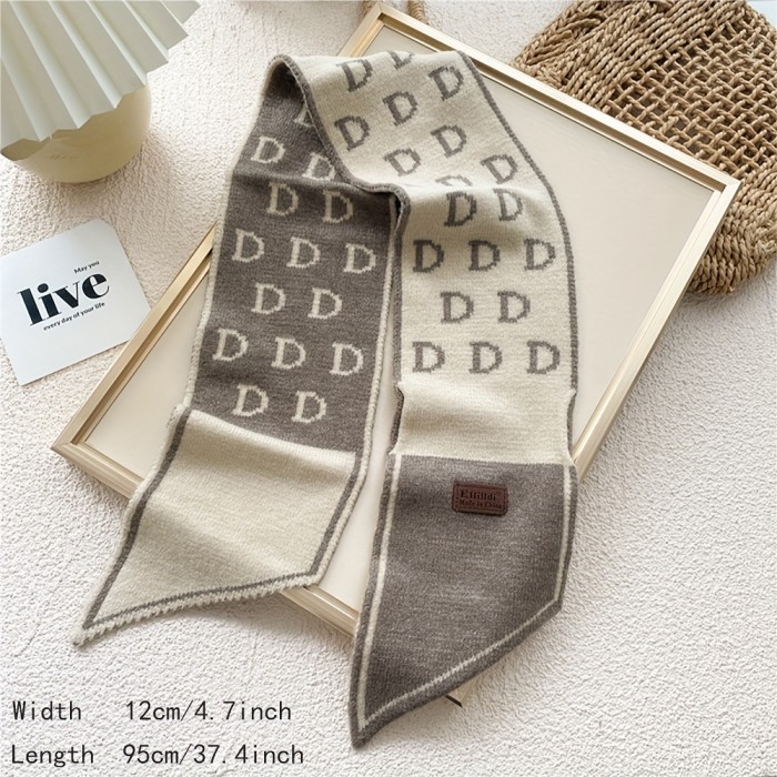 Knitted Letter D Neck Scarf Cold Weather Scarves For Women Elegant Art Print Neck Scarf For Women