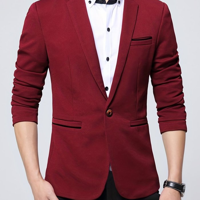 One Button Blazer, Men's Casual Solid Color Lapel Sports Coat For Spring Fall Business Wedding