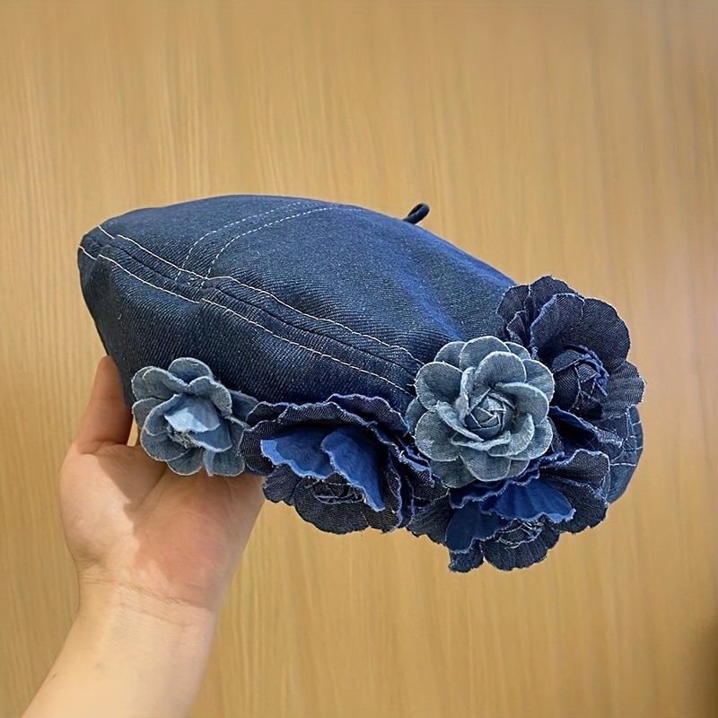 3D Flower Decor Denim Beret Trendy Washed Distressed Elegant Beret Hats Classic Vintage Painter Cap For Women