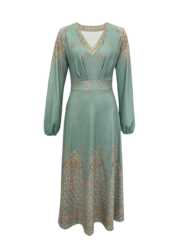 Ethnic Graphic Print Dress, Elegant V Neck Long Sleeve Dress, Women's Clothing